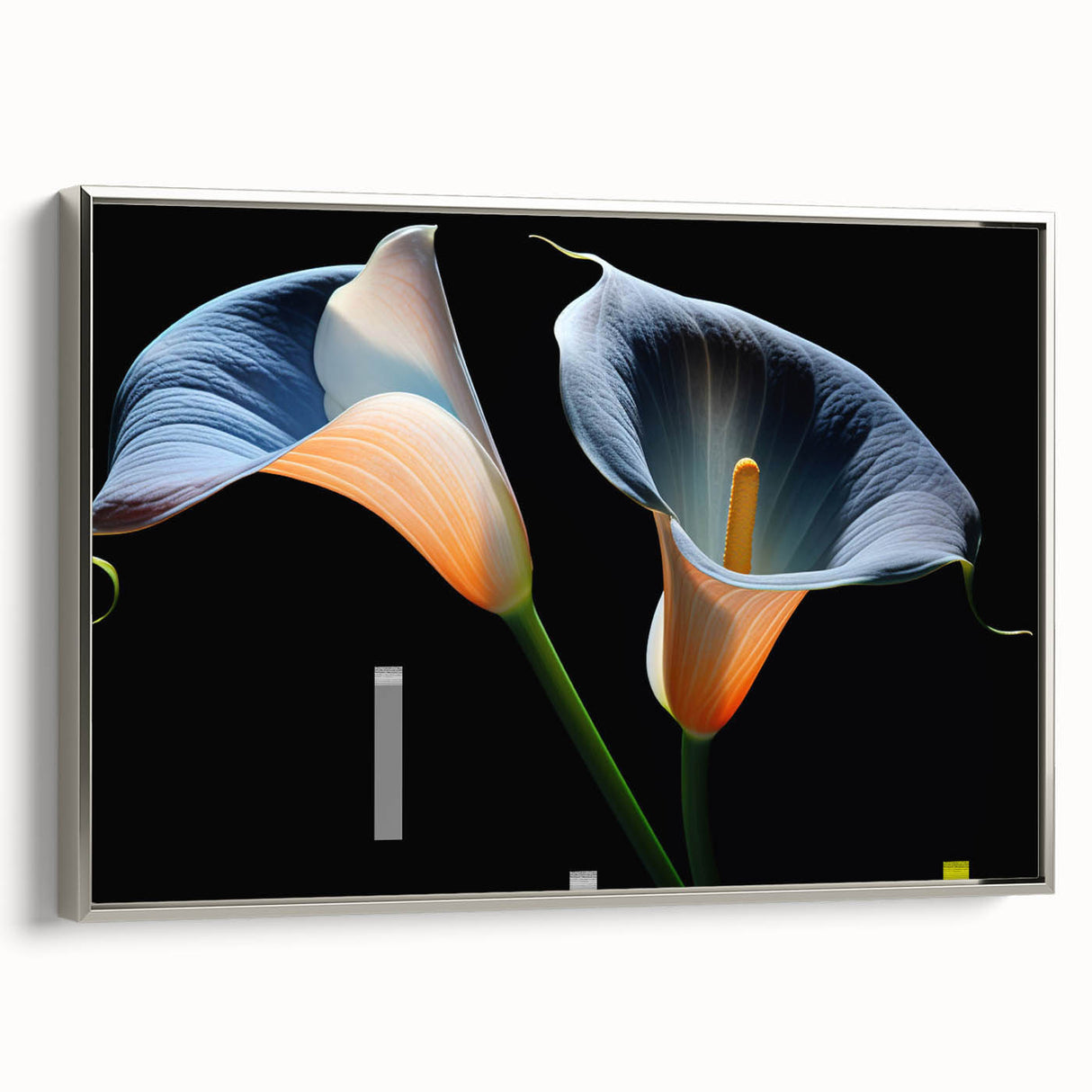 Framed canvas wall art showcasing a botanical lily design with silver accents, elegantly displayed from the side to highlight its sleek profile and vibrant colors. Perfect for modern home decor.
