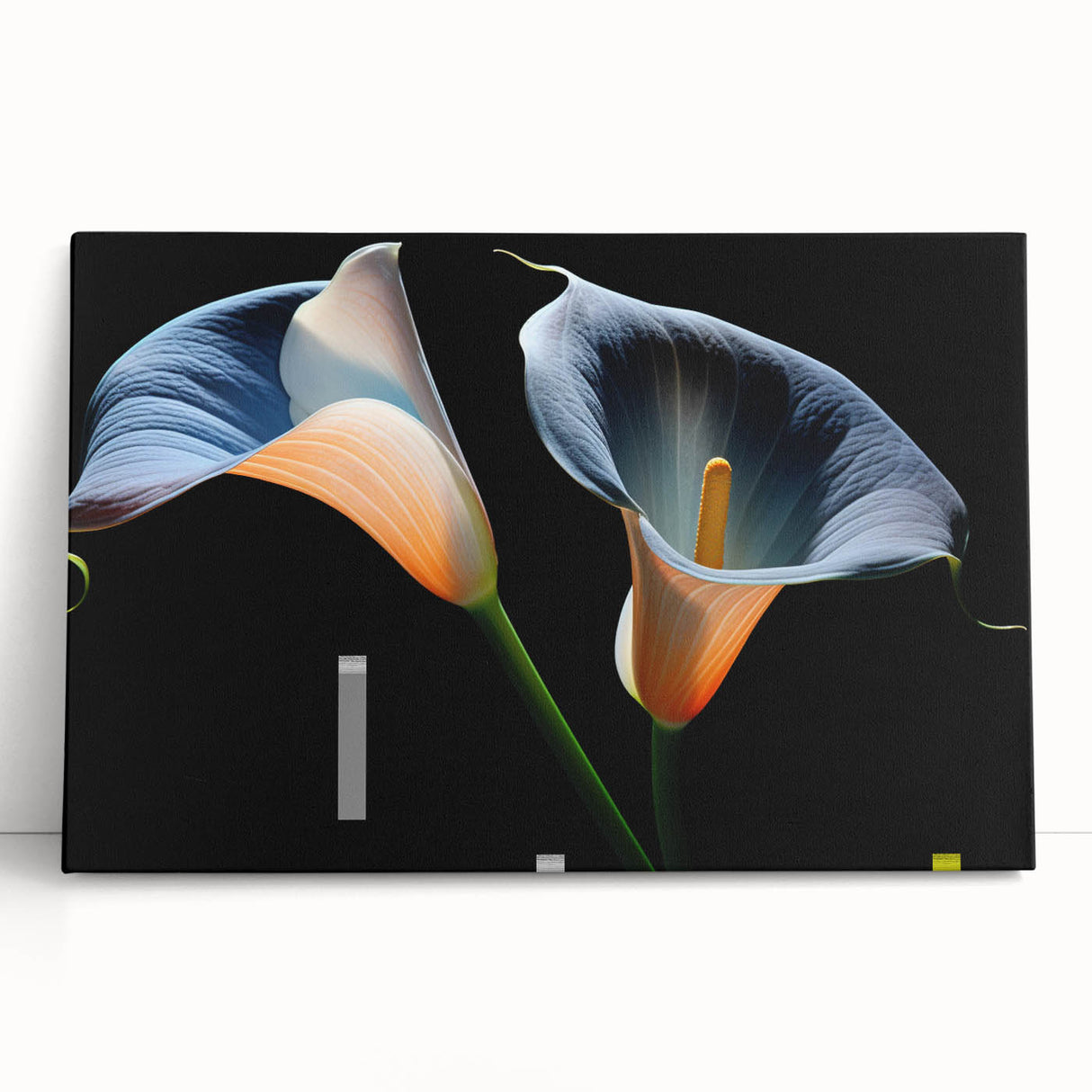 Stretched canvas wall art featuring a vibrant botanical lily design in soft pastels, leaning against a neutral wall, perfect for home decor enhancement.