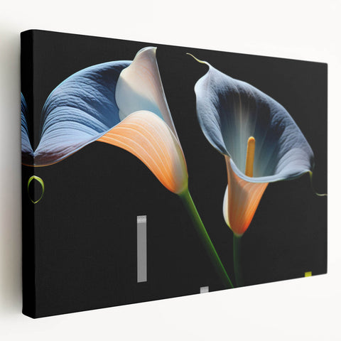 Stretched canvas artwork showcasing a detailed botanical lily design with vibrant colors, elegantly displayed in a side view to highlight its texture and artistic depth.
