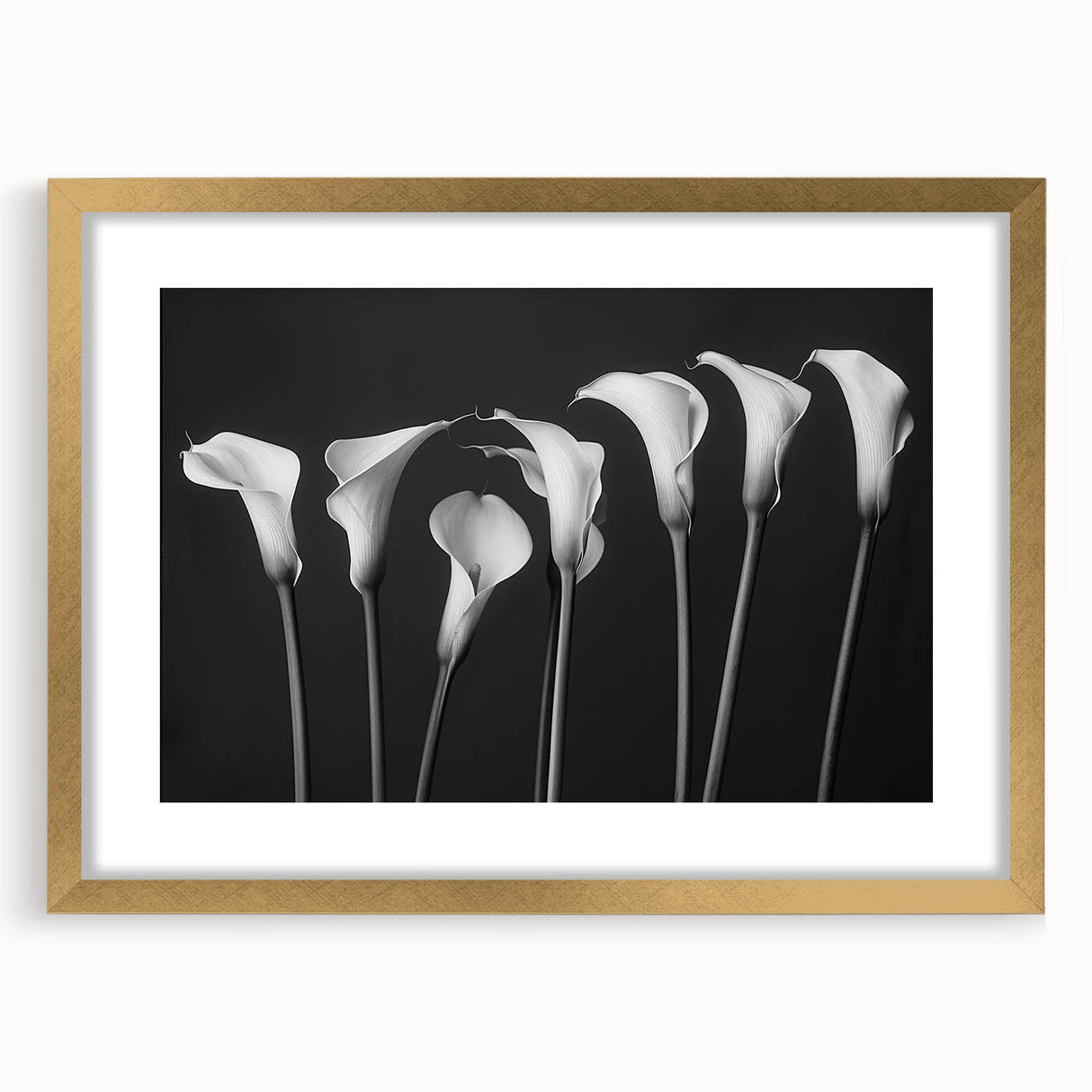 Botanical wall art collection featuring a gold-framed lily design, elegantly matted, showcasing vibrant colors and intricate details for home decor enhancement. Perfect for floral enthusiasts and modern interiors.