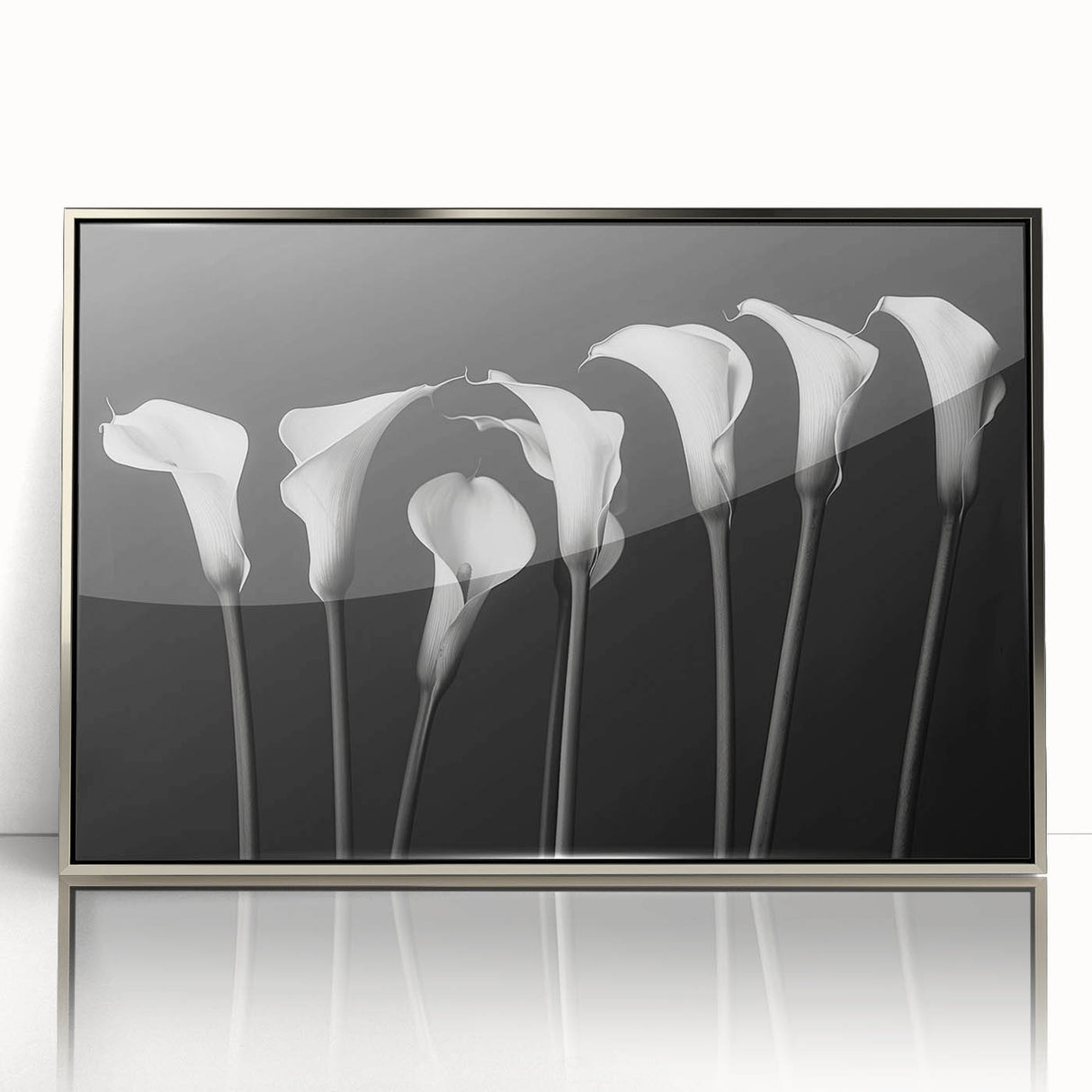Framed wall art featuring a botanical lily design in shades of silver and white, showcasing intricate floral details against a sleek background, perfect for modern decor.