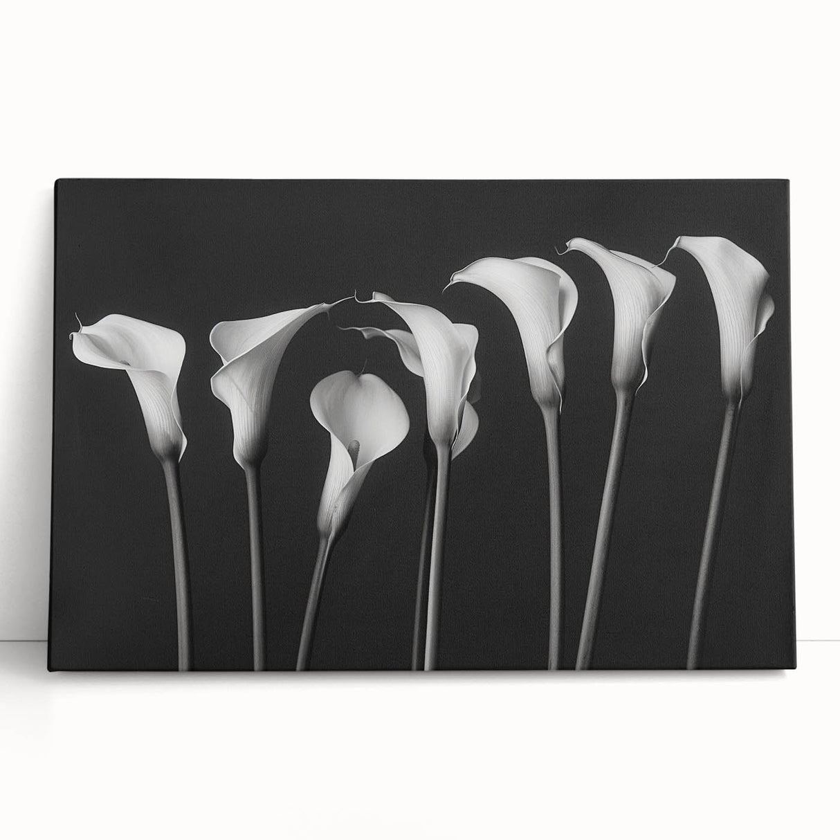 Stretched canvas wall art featuring a vibrant botanical lily design in soft pastel colors, elegantly leaning against a neutral background, perfect for modern decor.