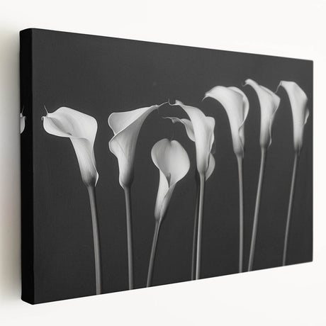 Stretched canvas showcasing a botanical lily design in vibrant colors, perfect for home decor. Side view highlights its elegant framing and texture. Ideal for floral art enthusiasts.