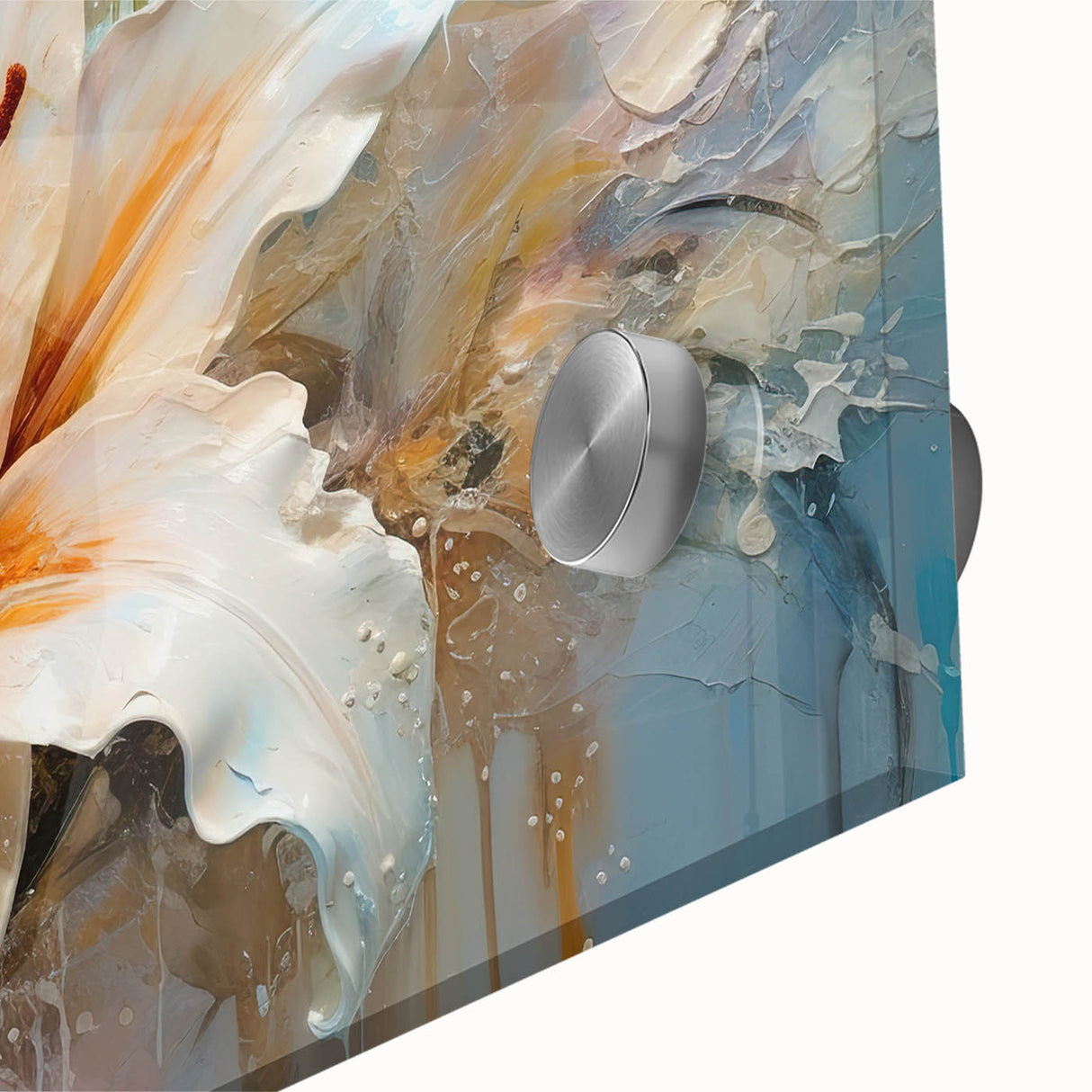 Close-up view of a vibrant botanical lily wall art design, showcasing intricate details and vivid colors, printed on acrylic glass for a modern decor touch.