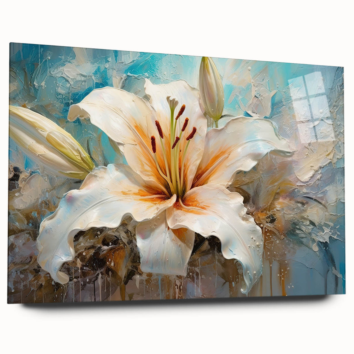 Acrylic glass wall art featuring a botanical lily design, showcasing vibrant colors and intricate details, ideal for home decor and art enthusiasts.