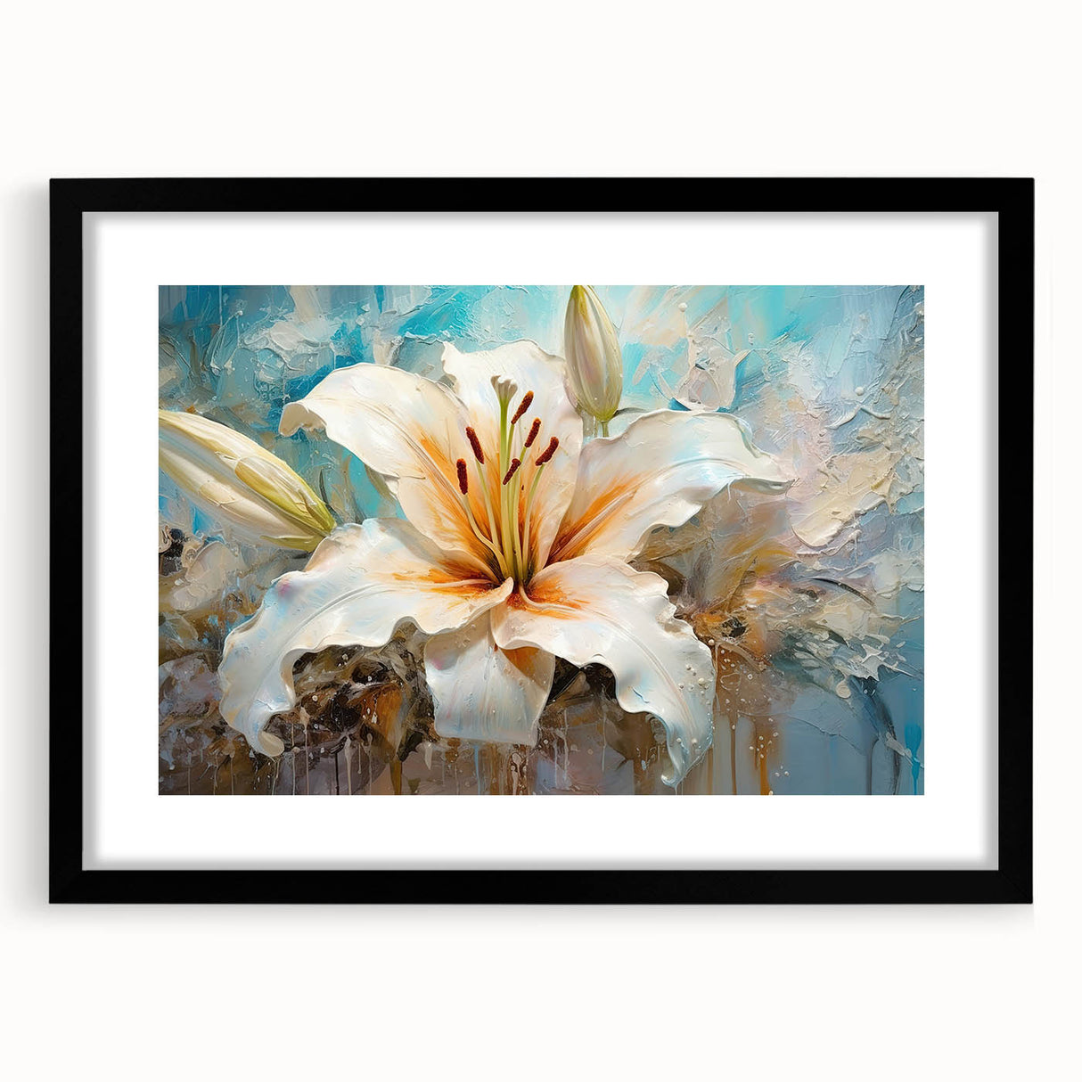 Botanical wall art collection featuring a black-framed lily design with matting, perfect for enhancing home decor, showcasing floral elegance and sophistication.