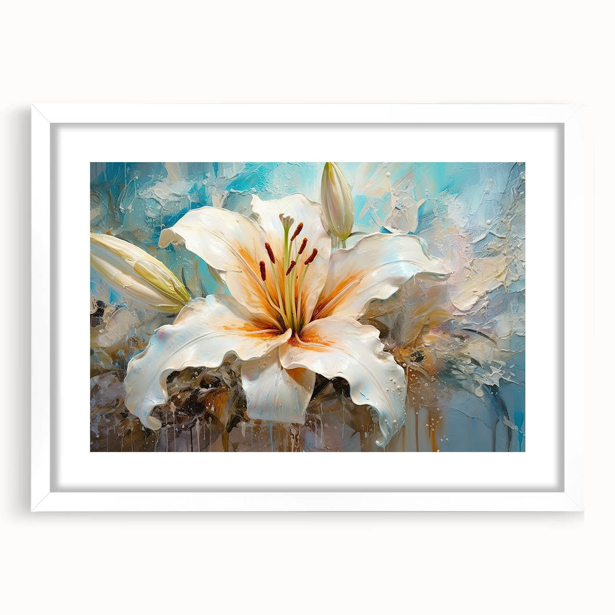 Framed botanical wall art featuring a vibrant lily design with a white mat, perfect for home decor, showcasing elegance and nature's beauty in a modern setting.