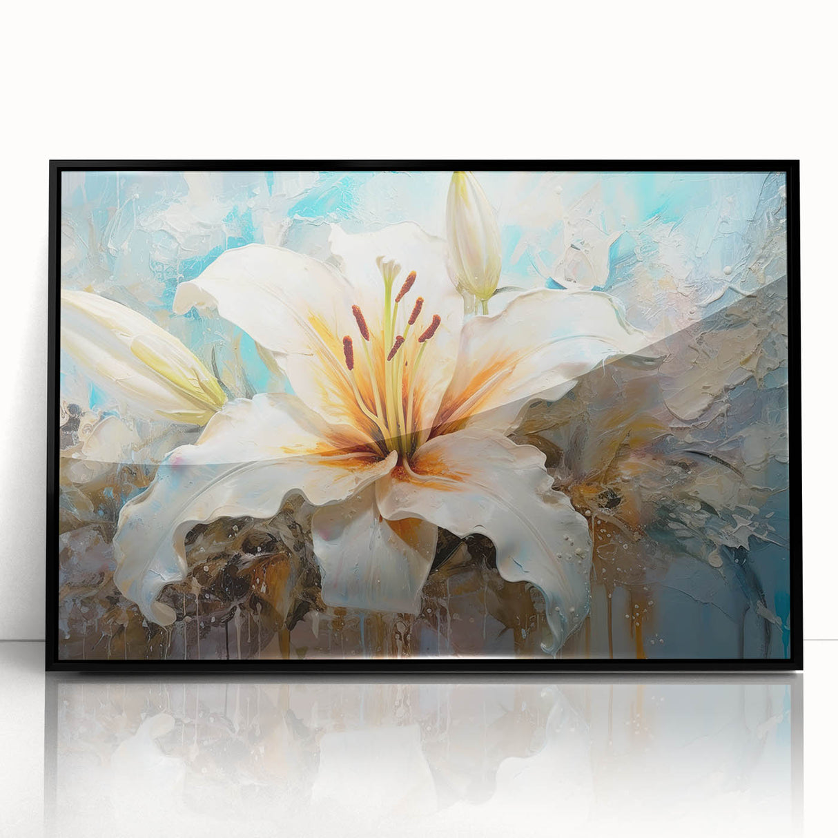 Framed wall art featuring a botanical lily design in vibrant colors, showcasing intricate details on a black background, perfect for home decor enhancement.