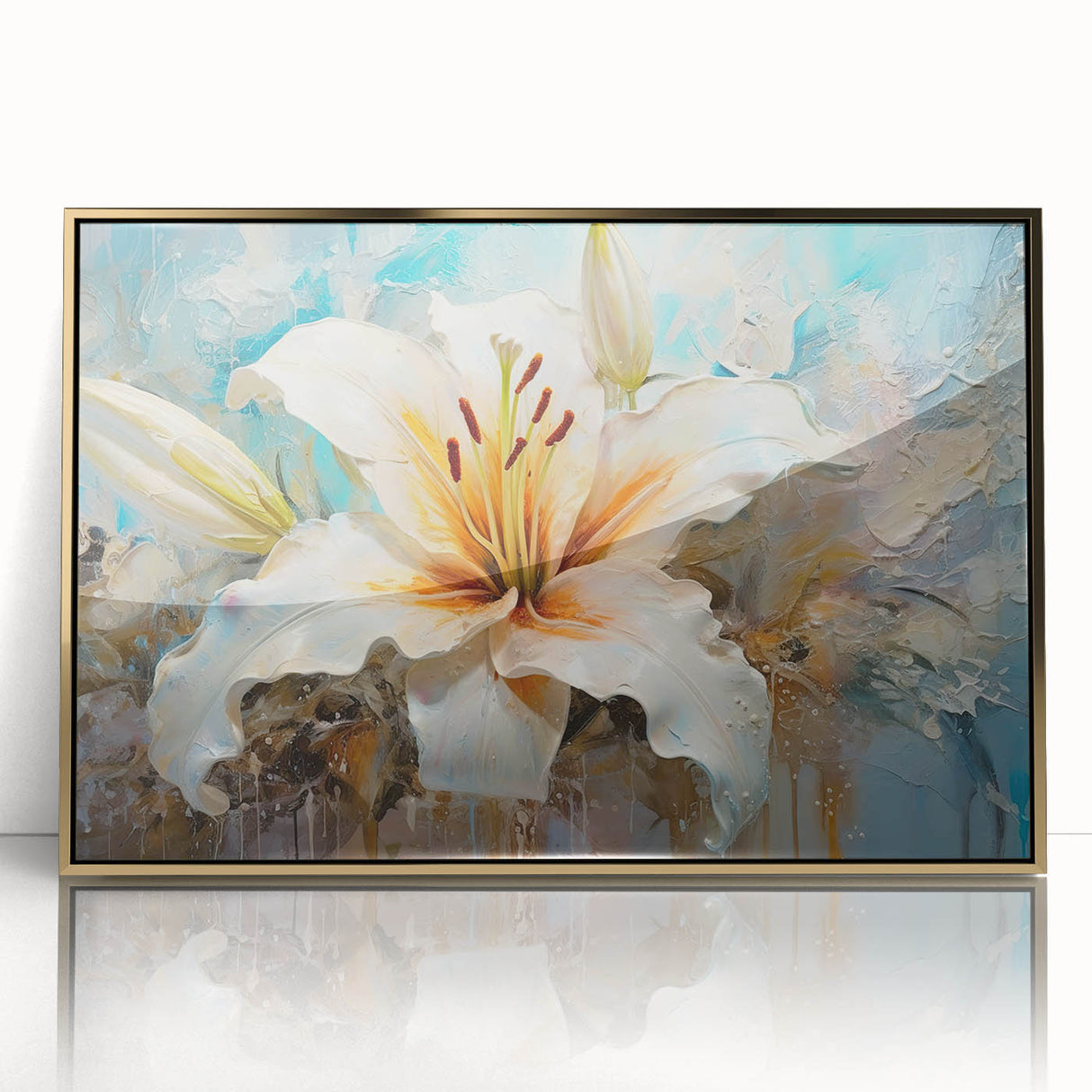 Framed wall art featuring a botanical lily design in vibrant colors, set in a sleek gold frame, ideal for enhancing interior decor and adding elegance.