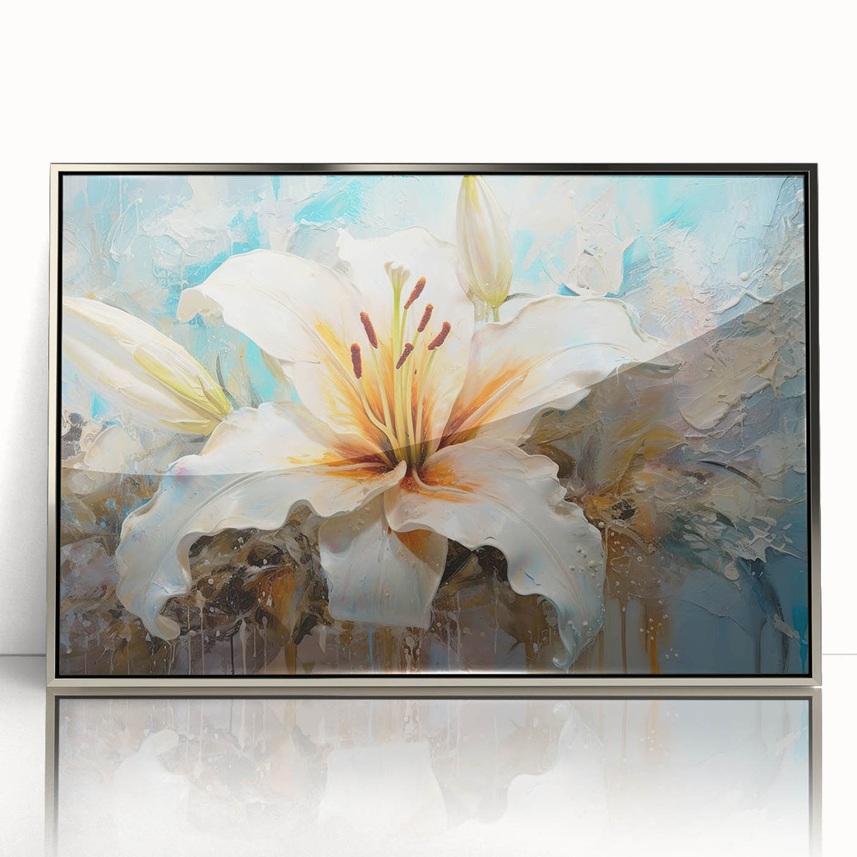 Elegant framed acrylic wall art depicting a botanical lily design with intricate details and a silver frame, perfect for enhancing any modern decor.