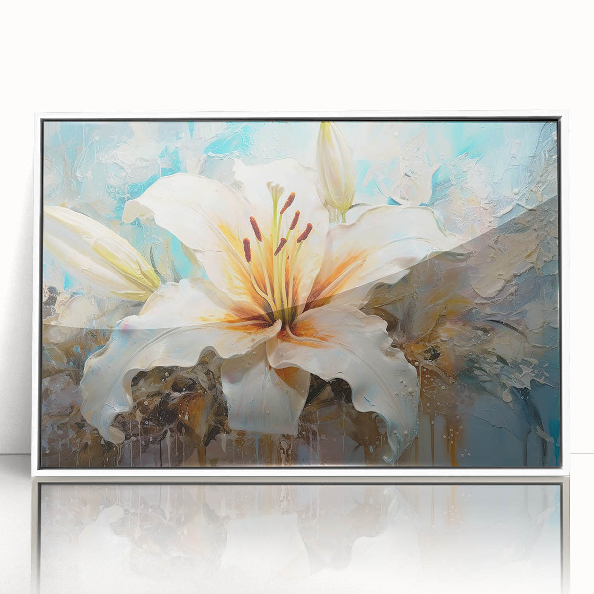 Framed wall art featuring a botanical lily design in soft pastel colors, displayed in an elegant white frame, ideal for enhancing modern home decor.