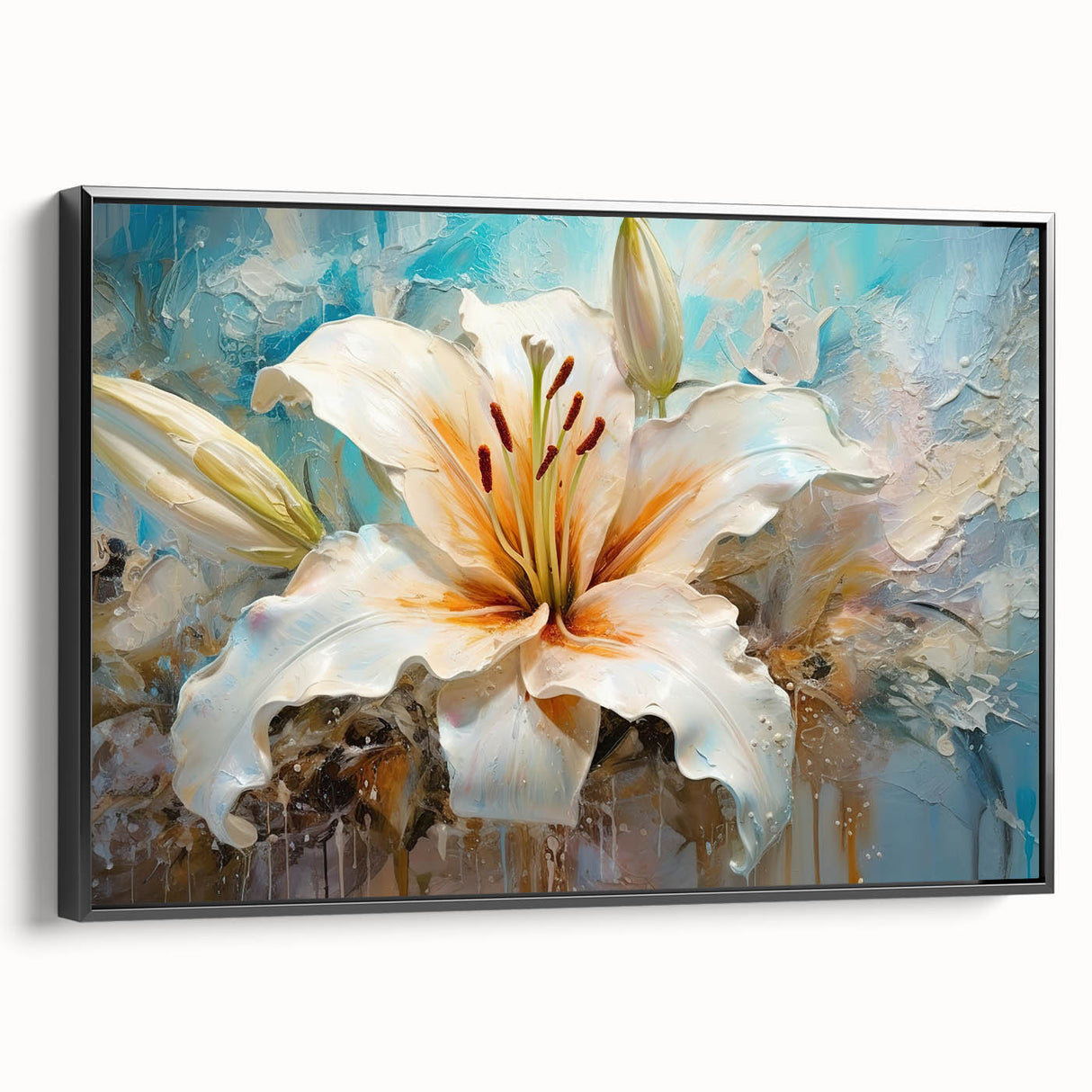 Framed wall art featuring a botanical lily design on canvas, presented in black framing with a side view showcasing its elegant details and vibrant colors. Ideal for home decor enthusiasts seeking a touch of nature-inspired elegance.