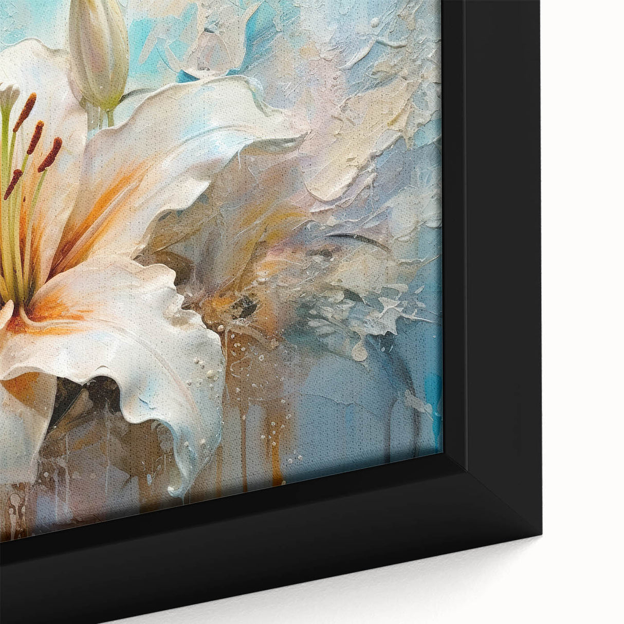 Close-up of a framed canvas wall art featuring a botanical lily design in vibrant colors, showcasing intricate details and textures, ideal for home decor.