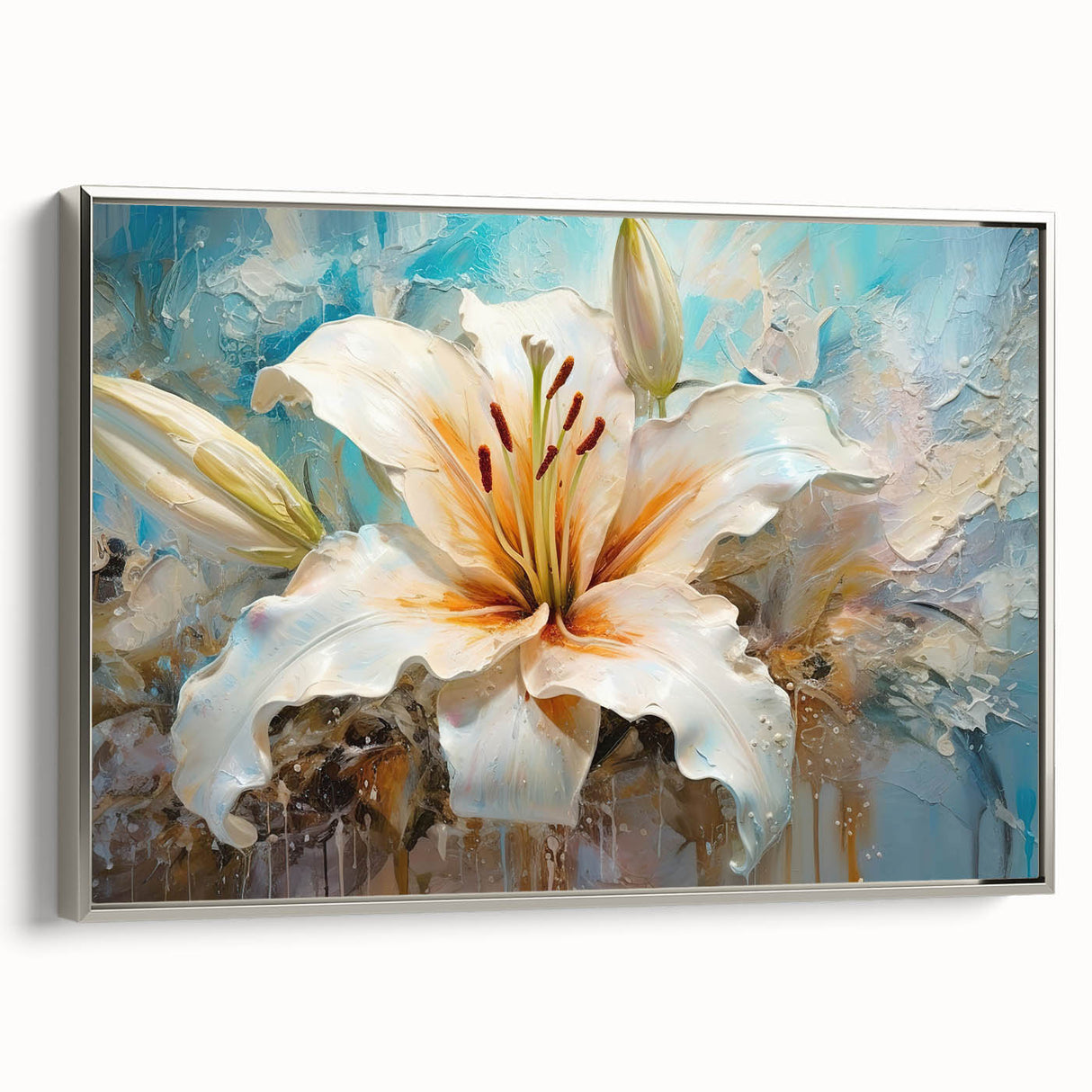 Framed wall art showcasing a botanical lily design on canvas with a silver border, highlighting intricate floral details and vibrant colors, perfect for home decor.