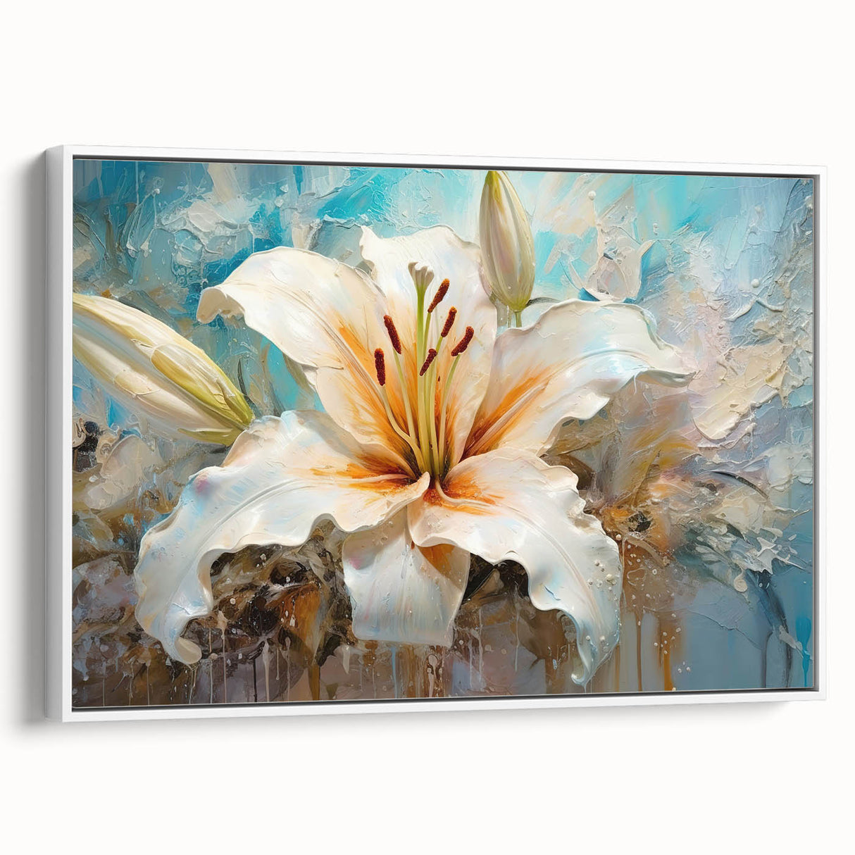 Framed botanical wall art featuring a delicate lily design on a white background, showcasing elegant details and textures, ideal for home decor and floral enthusiasts.