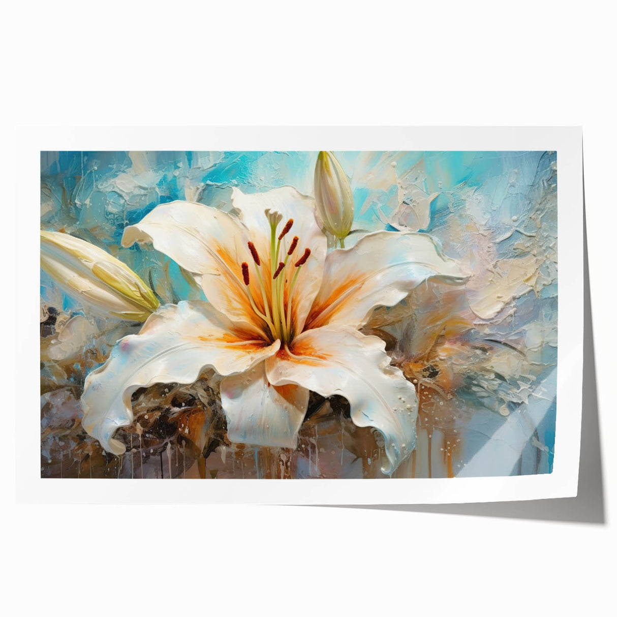 Vibrant botanical wall art print featuring a delicate lily design on a textured canvas, rolled and ready for framing, showcasing intricate floral details and rich colors.