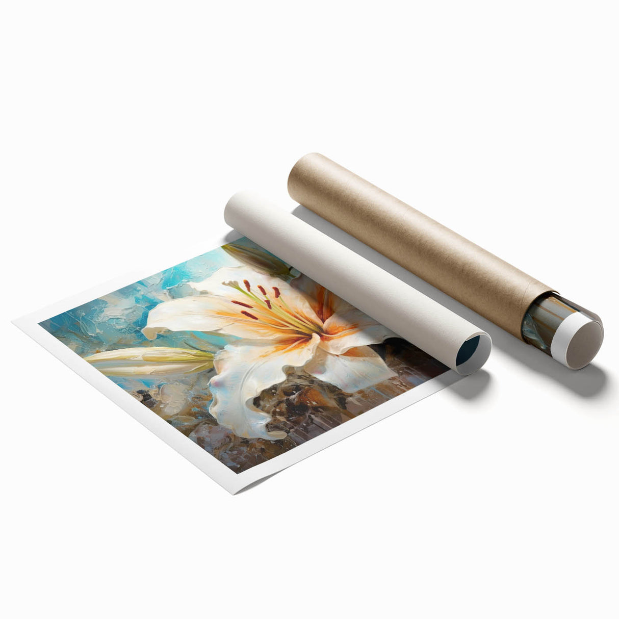 Botanical wall art print featuring vibrant lilies in a delicate design, rolled and ready for display, showcasing intricate details and soft colors. Perfect for home decor.