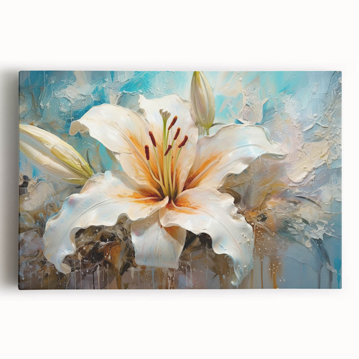 Vibrant botanical wall art featuring a detailed illustration of lilies on stretched canvas, showcasing vivid colors and intricate design, ideal for home decor.