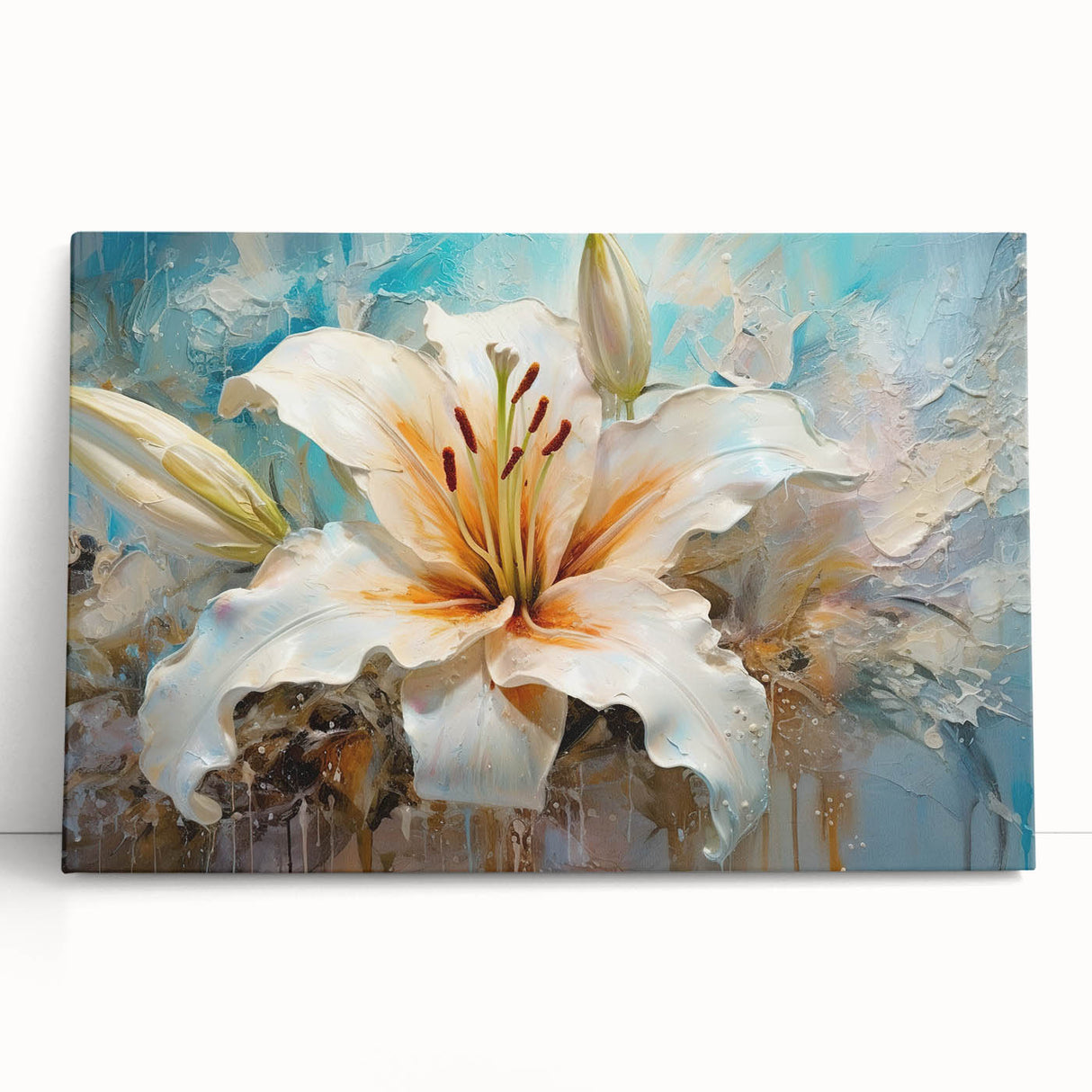 Stretched canvas wall art featuring a vibrant botanical lily design, showcasing intricate floral details in shades of pink and green, perfect for home decor.