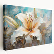 Stretched canvas wall art showcasing a vibrant botanical lily design in rich colors, presented in a side view to highlight its elegant framing and texture, perfect for home decor.