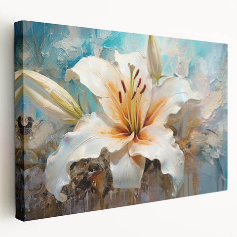 Stretched canvas wall art showcasing a vibrant botanical lily design in rich colors, presented in a side view to highlight its elegant framing and texture, perfect for home decor.