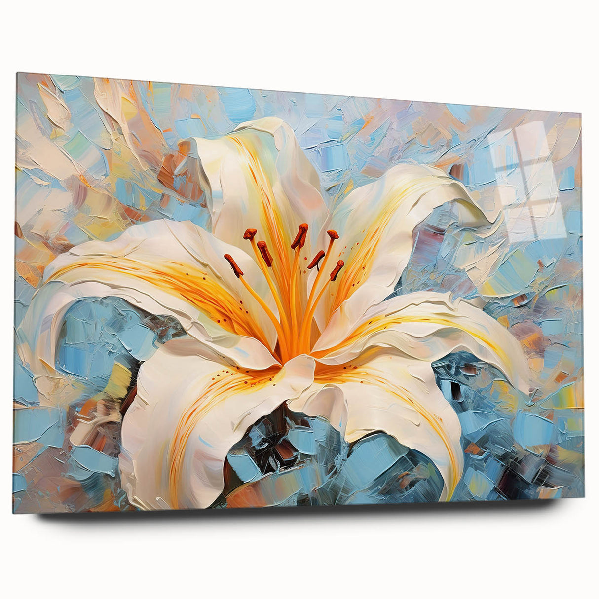 Acrylic glass wall art showcasing a vibrant botanical lily design, side view highlighting the delicate details and colors, perfect for home decor enthusiasts.
