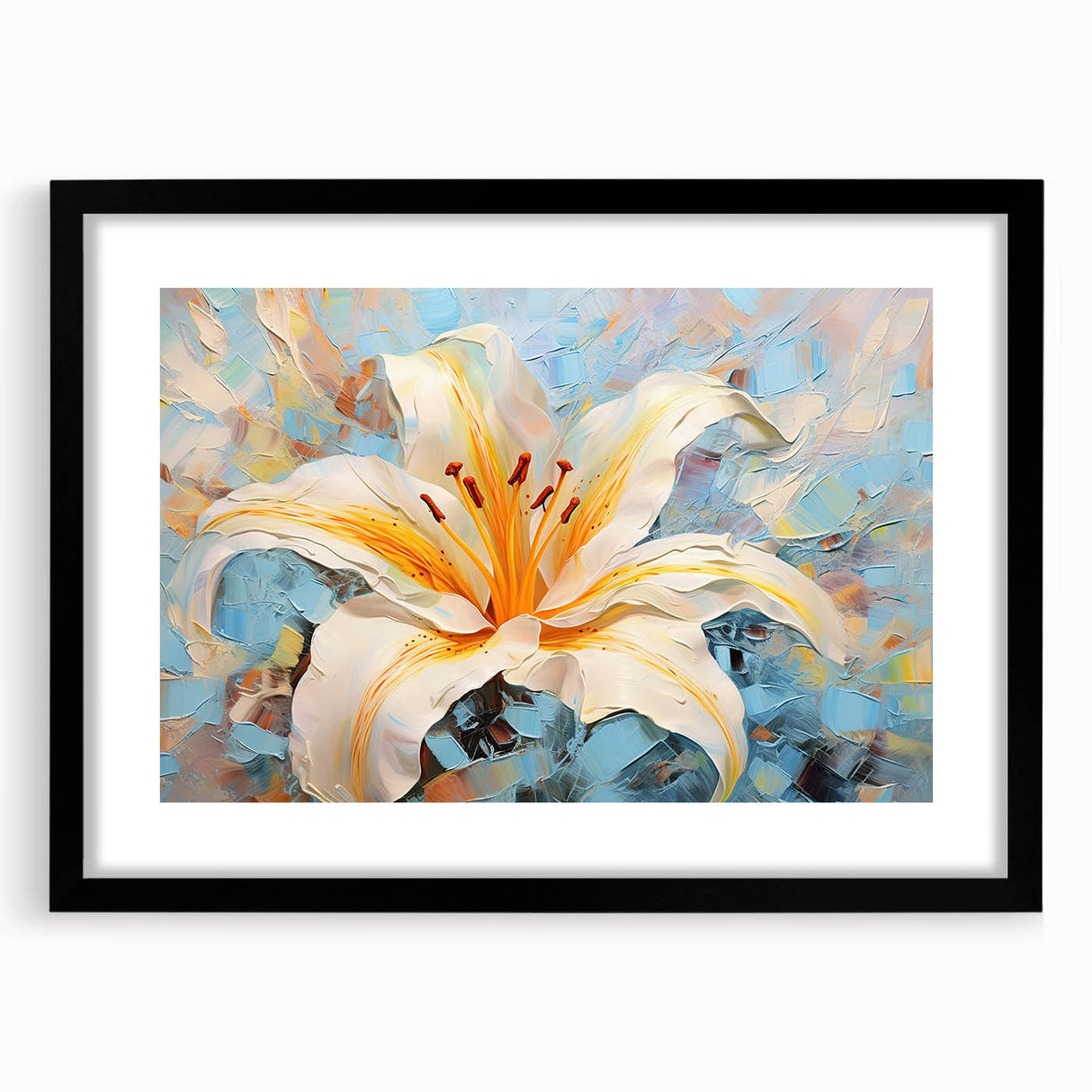 Black-framed wall art featuring a botanical lily design, showcasing vibrant colors and intricate details, perfect for enhancing modern home decor.