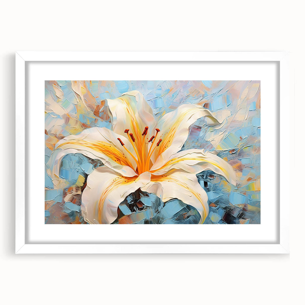 Botanical wall art featuring a delicate white lily design in a sleek modern frame with a white mat, perfect for enhancing home decor with a touch of nature.