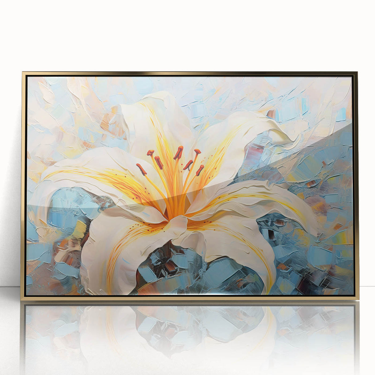 Framed botanical wall art featuring a delicate gold-accented lily design on an acrylic surface, ideal for home decor, adding elegance and sophistication to any room.