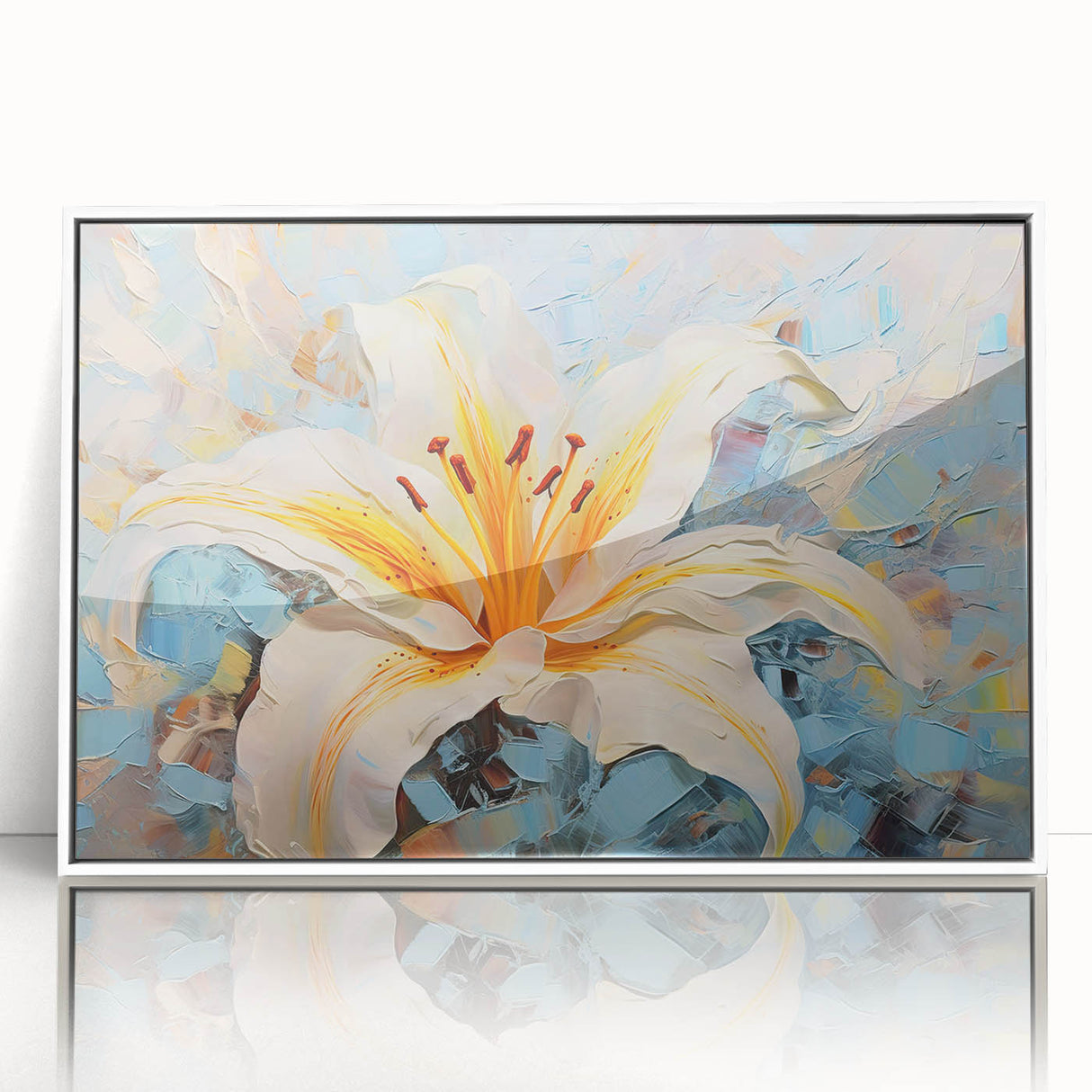 Framed botanical wall art featuring a delicate lily design in soft pastel colors, displayed against a clean white background, ideal for elegant home decor.