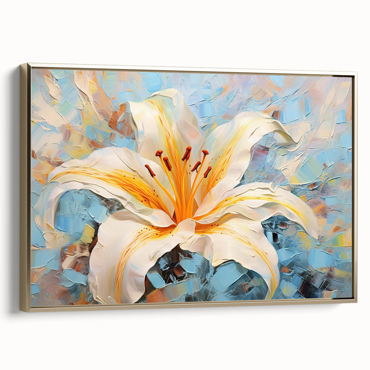 Framed canvas wall art featuring a botanical lily design in gold, showcasing elegant floral details and a sophisticated side view, perfect for home decor.