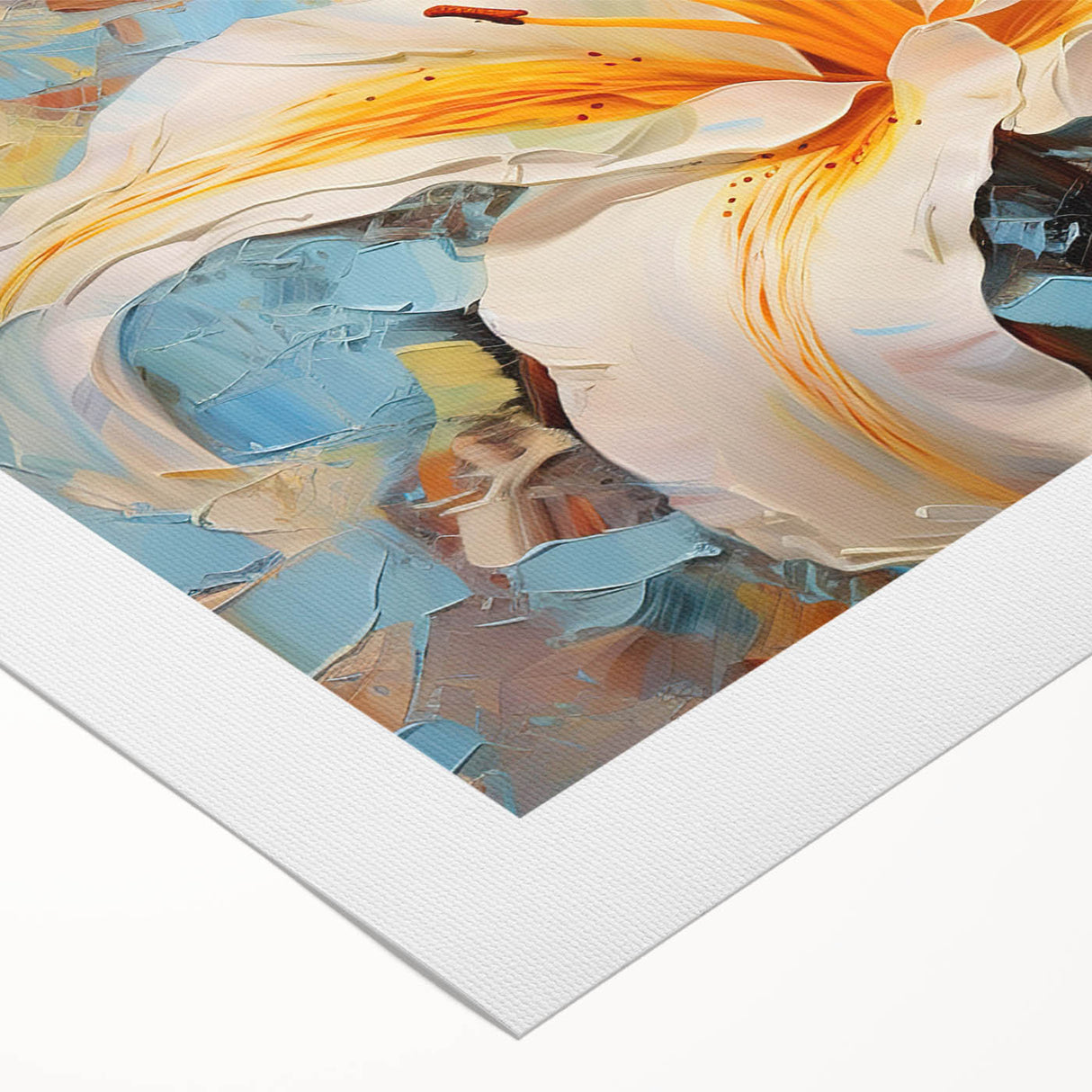 Vibrant botanical wall art featuring a detailed lily design, elegantly rolled for easy display, showcasing rich colors and intricate textures on canvas.