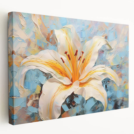 Stretched canvas wall art showcasing a vibrant botanical lily design, featuring intricate floral details and rich colors, ideal for home decor enhancement.