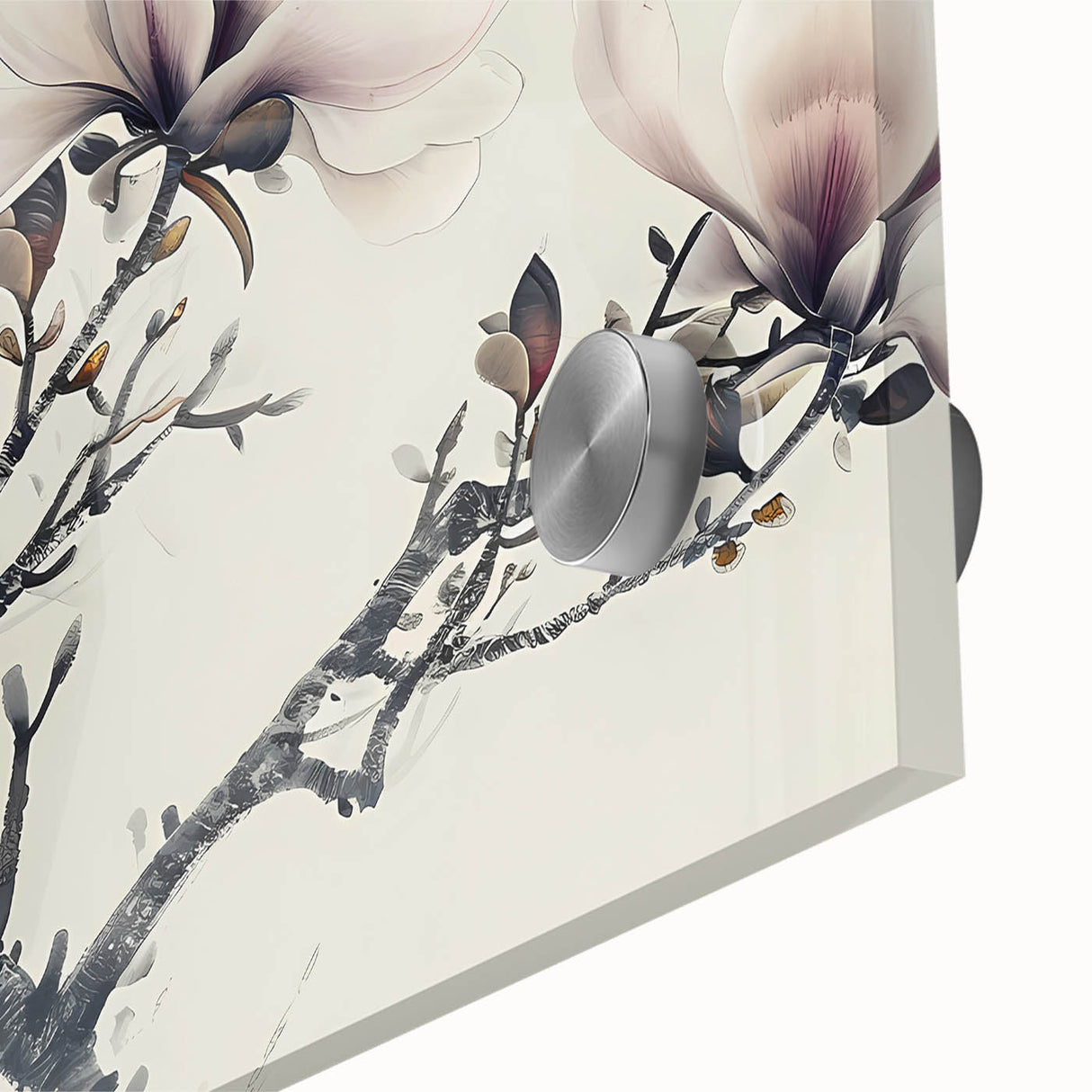 Close-up of a botanical wall art print featuring a detailed magnolia design on acrylic glass, showcasing vibrant colors and intricate floral details, perfect for home decor.
