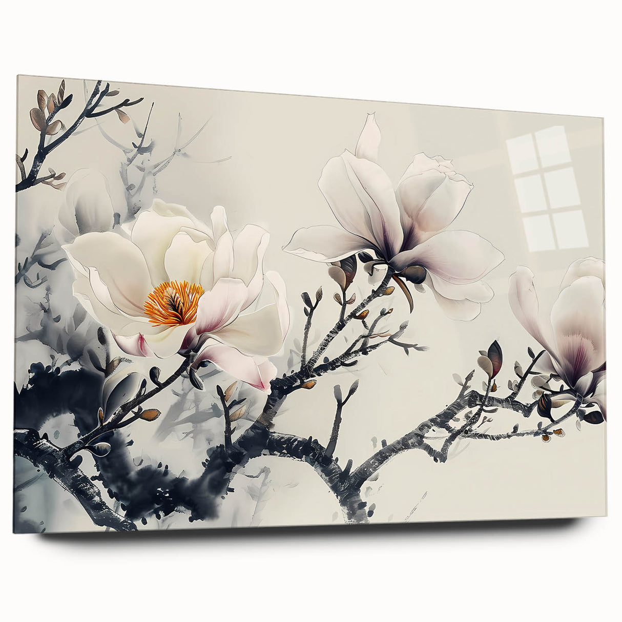 Acrylic glass wall art showcasing a botanical magnolia design, featuring vibrant colors and intricate details, ideal for home décor and floral enthusiasts.