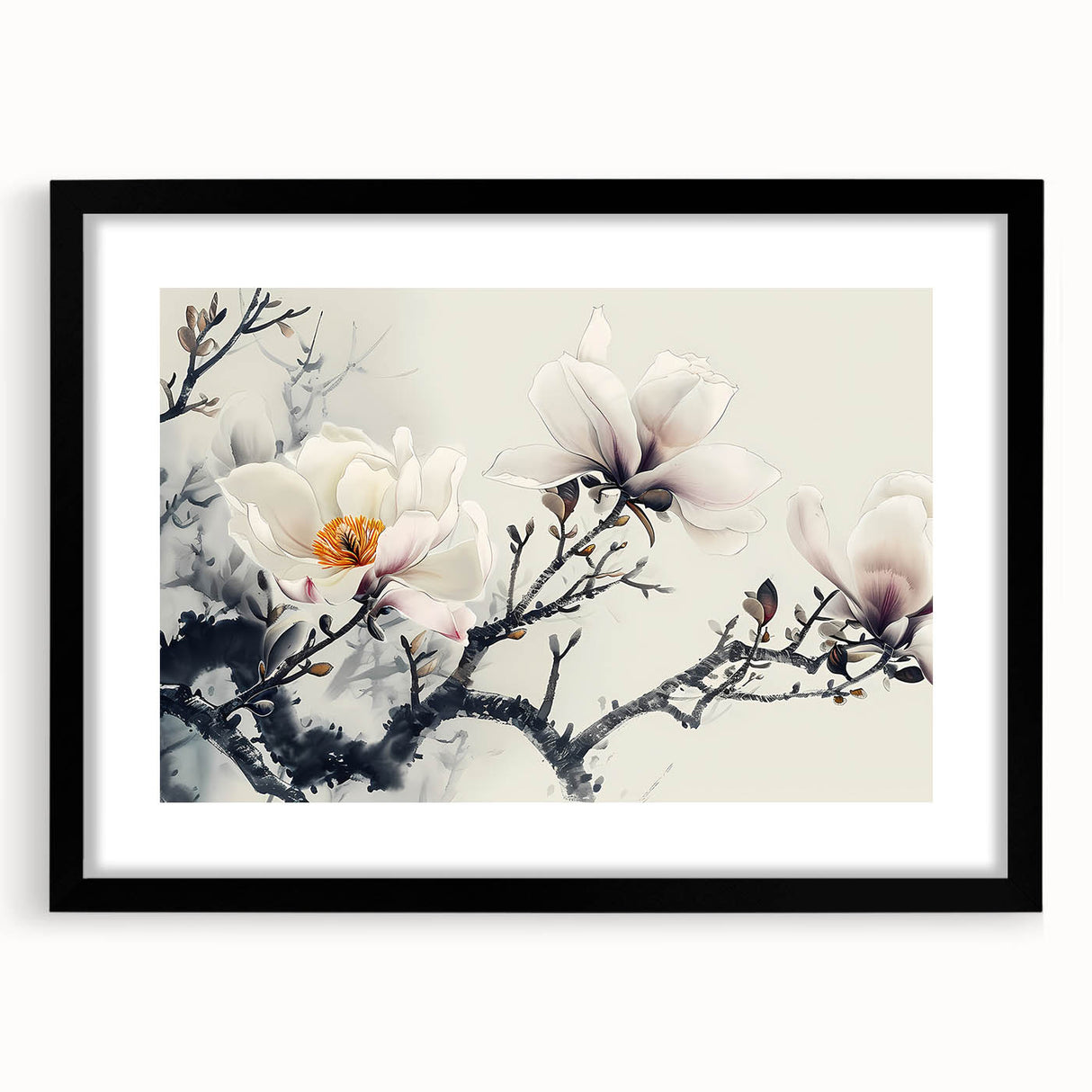 Framed botanical magnolia wall art in black frame with mat, showcasing elegant floral design and intricate details, perfect for home decor accents.