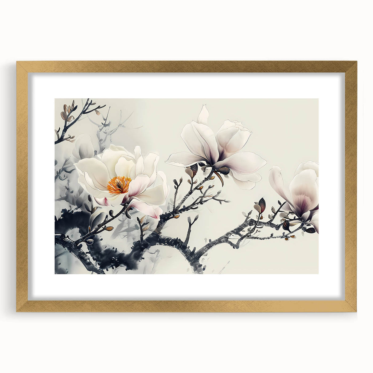 Elegant botanical wall art featuring a magnolia design in a gold frame with matting, ideal for enhancing home decor with a touch of nature-inspired elegance.