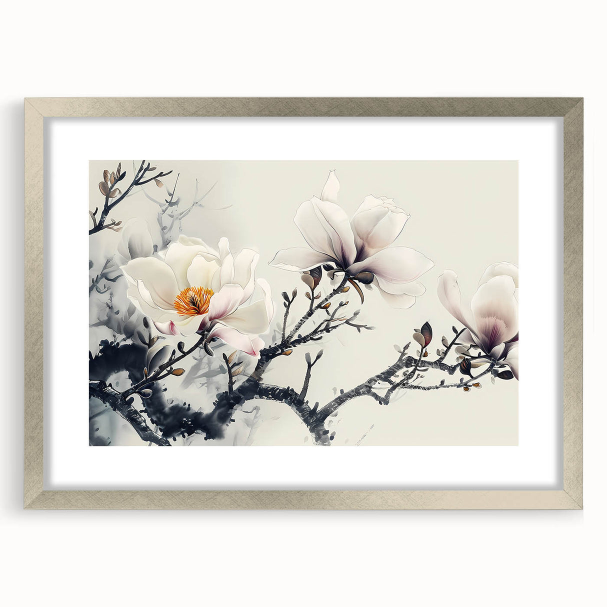 Botanical wall art featuring a silver-framed magnolia design with a mat, showcasing delicate flowers and elegant details, perfect for home decor.