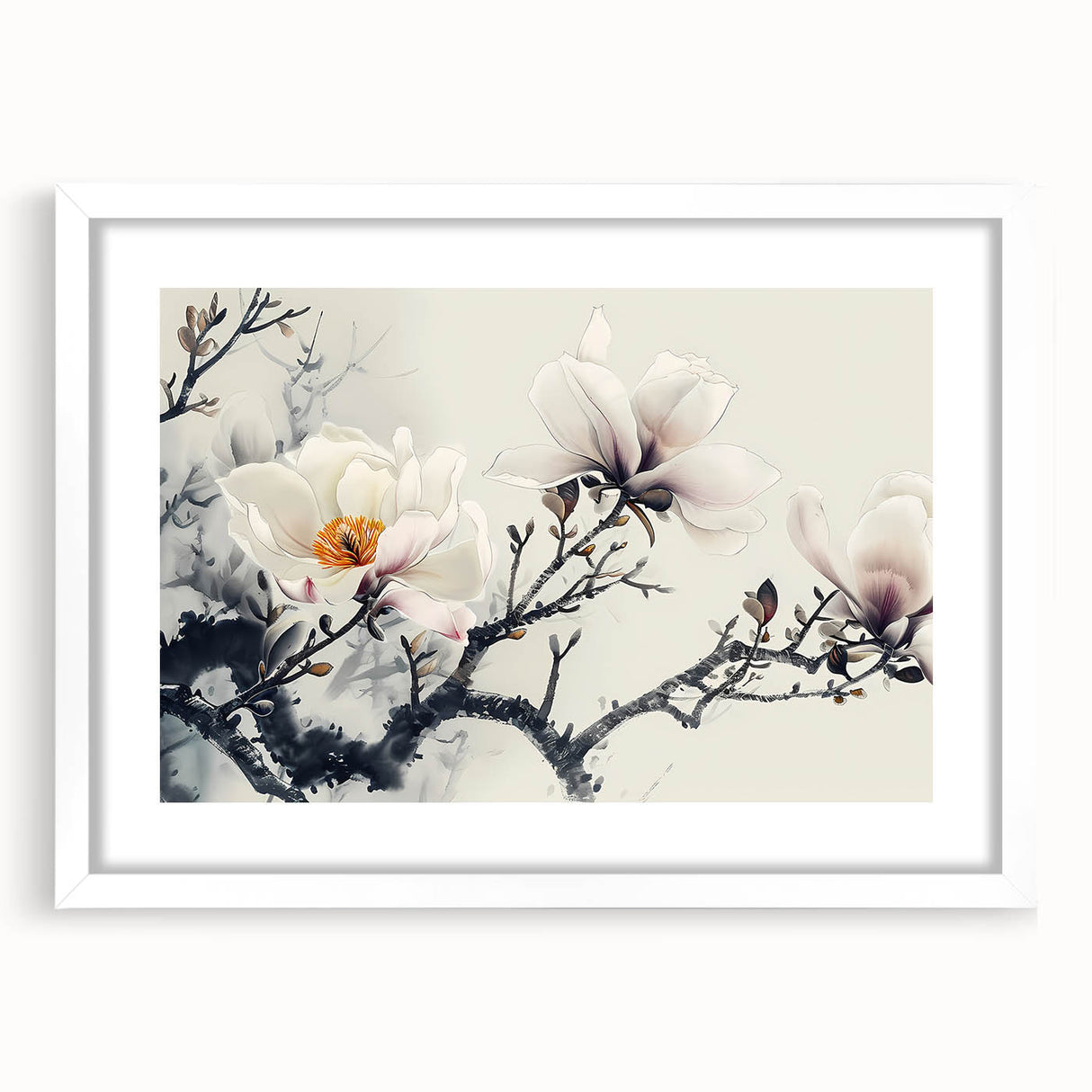 Botanical wall art featuring a delicate magnolia design in a white frame with matting, showcasing soft pastel colors and intricate floral details, perfect for home decor.