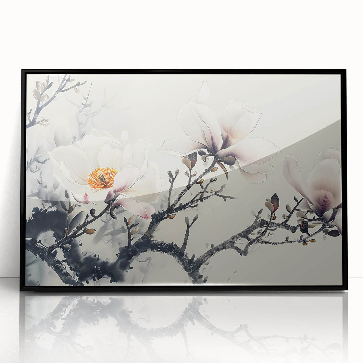 Framed wall art collection showcasing a botanical magnolia design in black acrylic, emphasizing delicate floral details and elegant framing for modern decor.