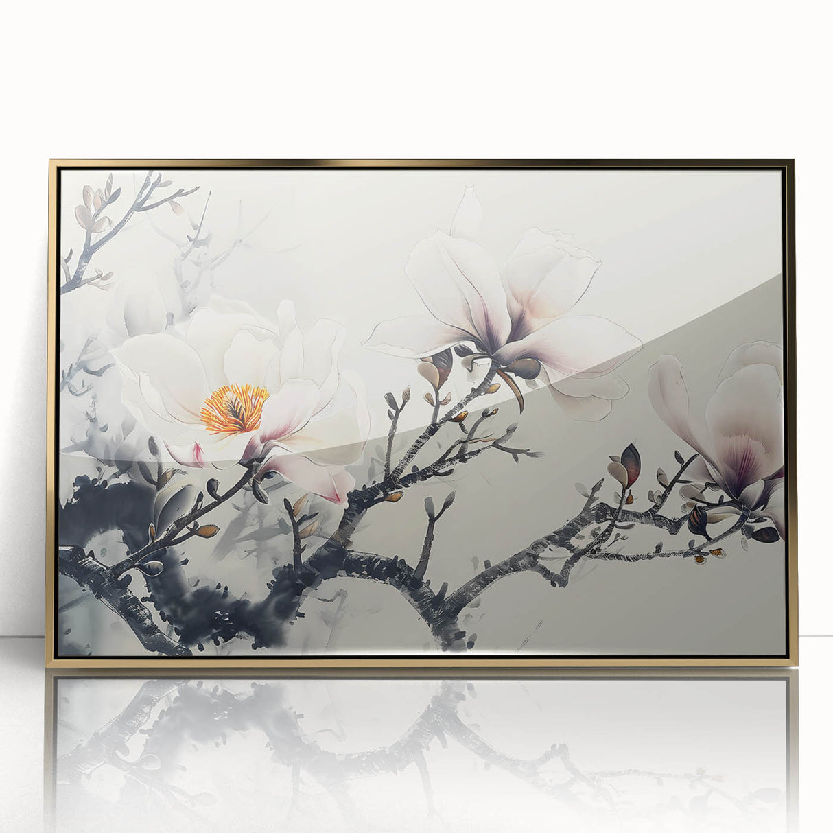 Framed botanical wall art featuring a beautifully detailed magnolia design with gold accents, ideal for enhancing home decor. Perfect for floral enthusiasts.