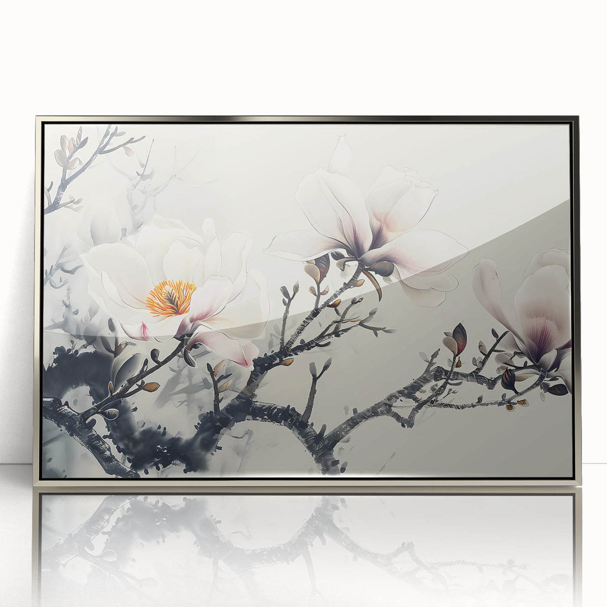 Framed botanical wall art design showcasing a magnolia flower in elegant silver accents, perfect for home decor, enhancing any room's aesthetic appeal.