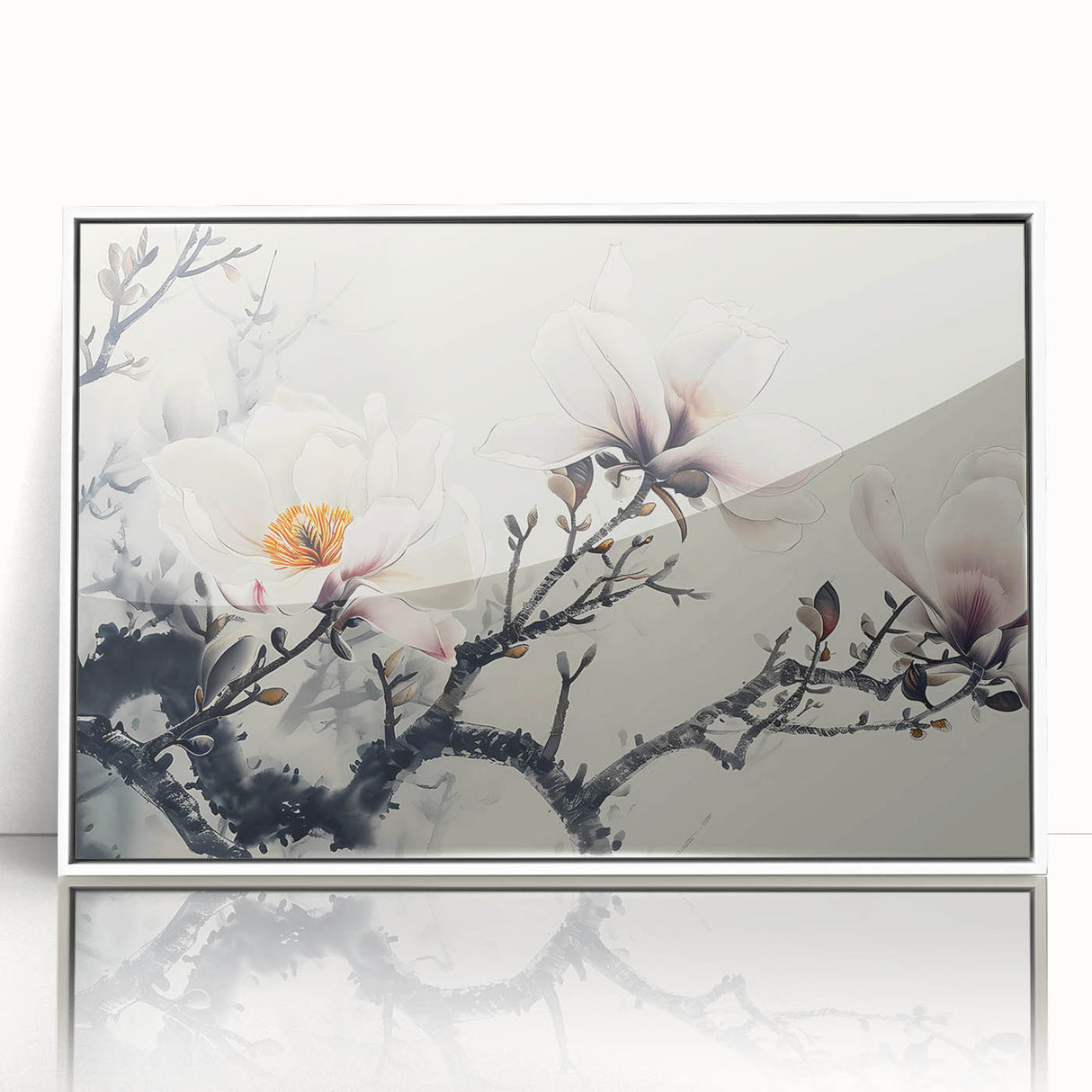 Framed acrylic wall art featuring a botanical design of magnolia flowers in soft white and pastel shades, perfect for home decor. The elegant piece adds a touch of nature-inspired beauty to any room.