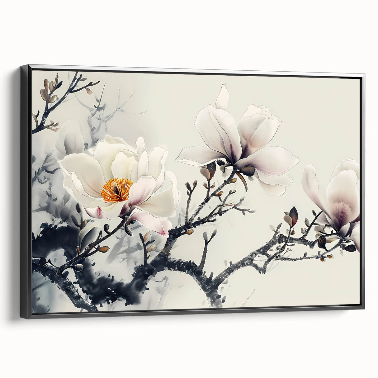 Framed wall art featuring a botanical magnolia design on canvas, showcasing intricate floral details in soft pastel colors, set against a sleek black frame.