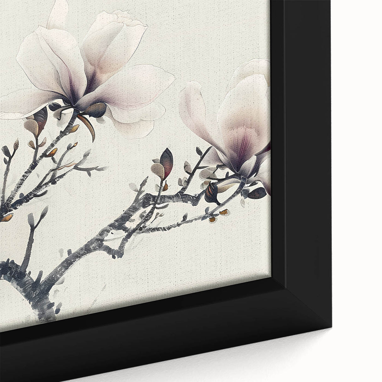Close-up of a beautifully framed botanical wall art piece featuring delicate magnolia flowers on a textured canvas, showcasing vibrant colors and intricate details, perfect for adding elegance to home decor.