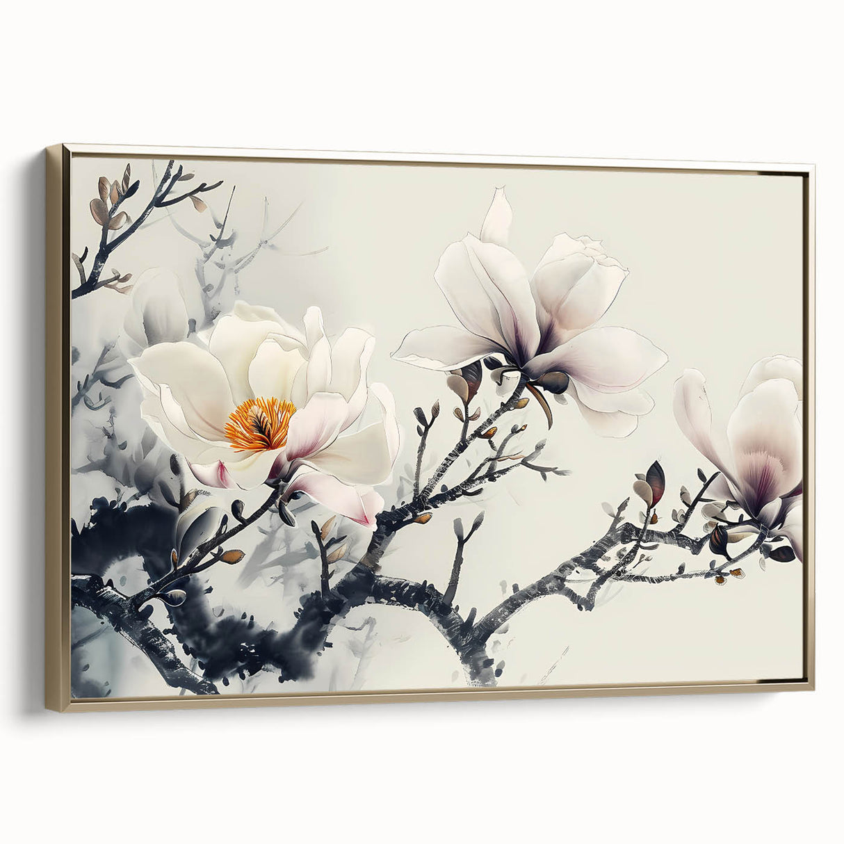 Framed canvas wall art showcasing a botanical magnolia design with gold accents, side view highlighting intricate floral details and elegant framing. Perfect for enhancing home decor.