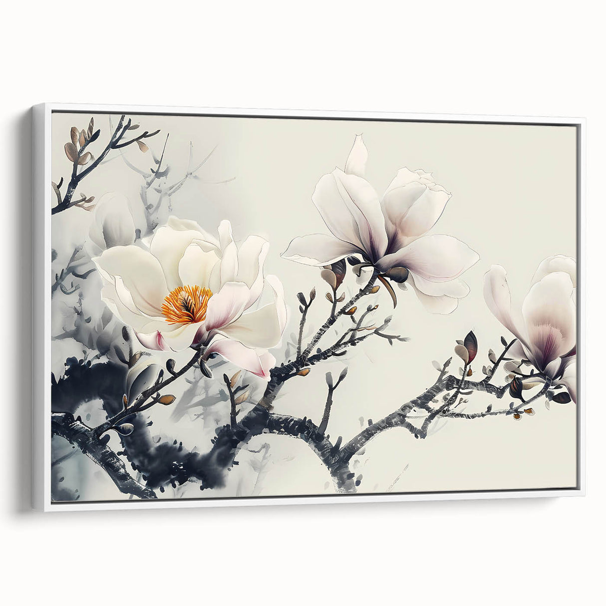 Framed canvas wall art showcasing a botanical magnolia design in elegant white, highlighting intricate flower details and a modern aesthetic, perfect for home decor.
