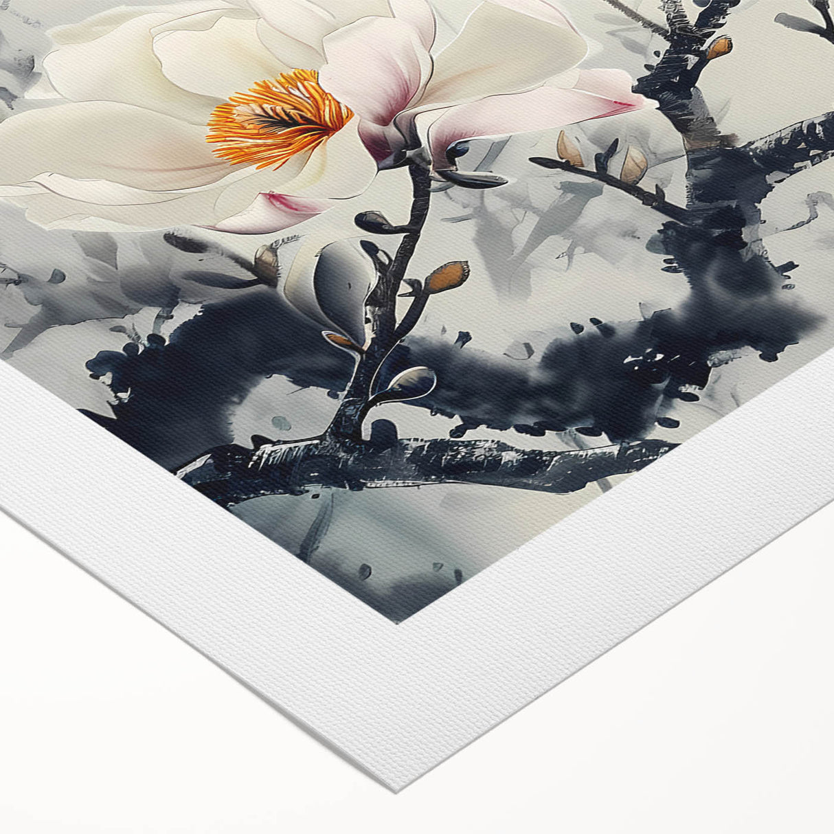 Magnolia flower botanical design printed on rolled canvas, showcasing vibrant colors and intricate details, perfect for home decor or art collection.