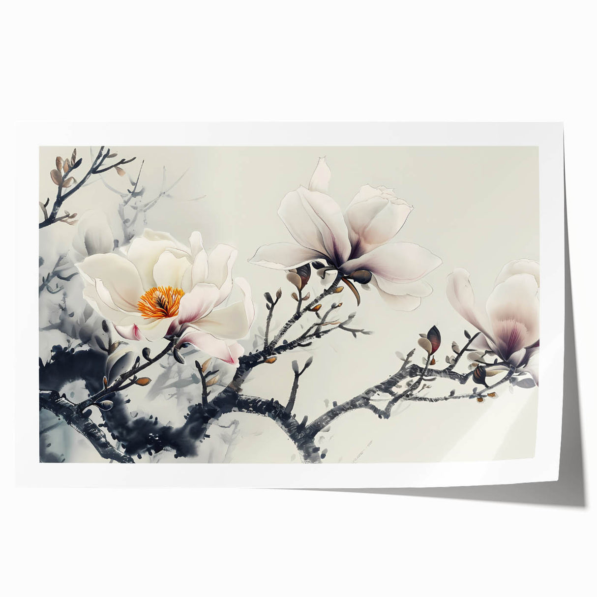 Magnolia botanical print on rolled canvas showcasing delicate white flowers and green leaves, perfect for home decor or art collection, packaged securely for shipping.
