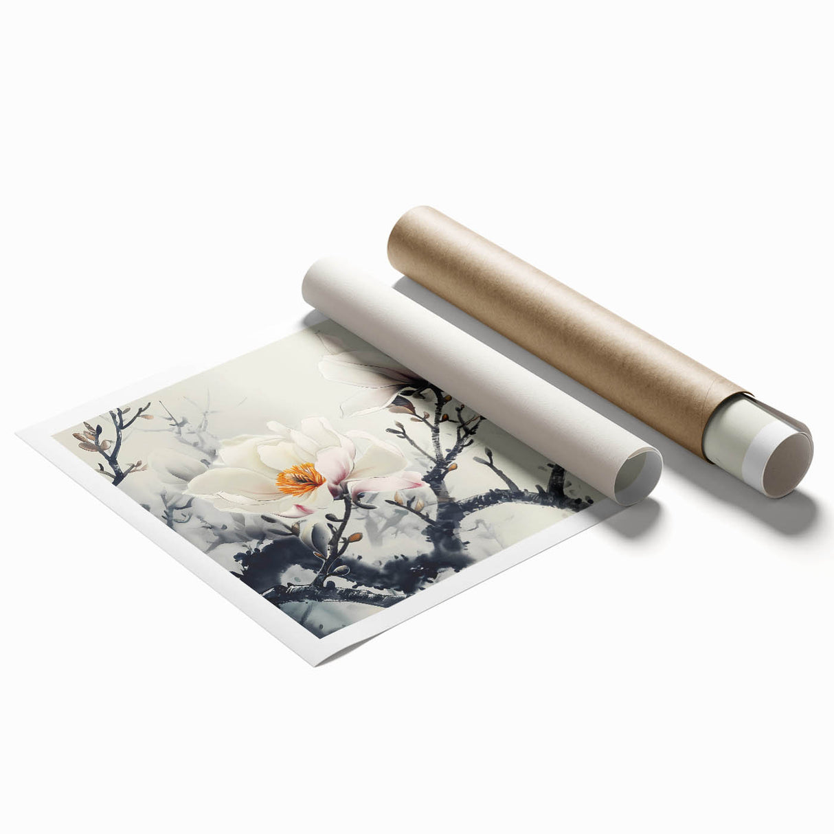 Botanical wall art print showcasing a delicate magnolia design, featuring soft pink and white flowers on a textured background, ideal for home decor.